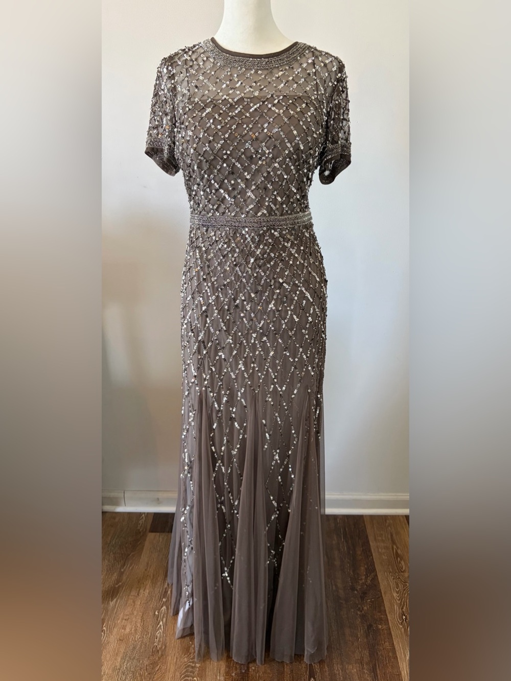 Adrianna Papell Taupe Sequin-Embellished Gown